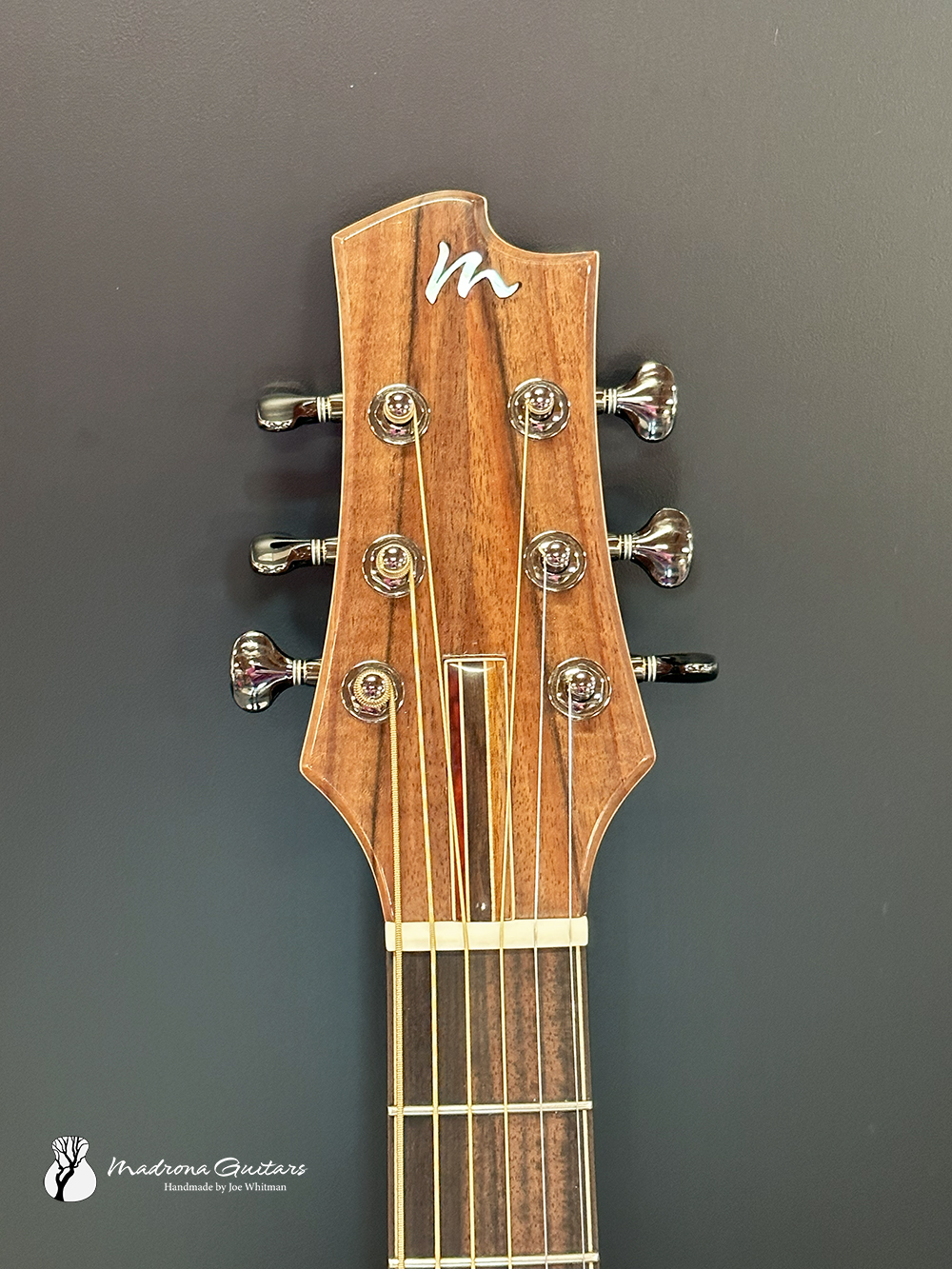 Claro Walnut Vendovi OM Guitar handmade by Joe Whitman of Madrona Guitars Headstock